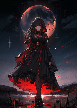Gothic Anime Girl Under Red Moon