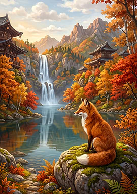 Red Fox by Waterfall in Autumn Lake Japanese Valley
