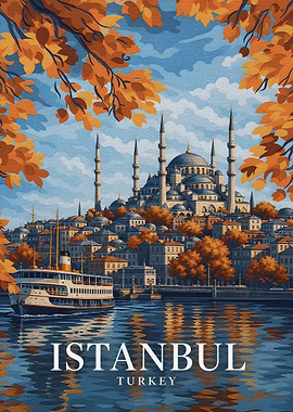 Istanbul Cityscape with Autumn Leaves