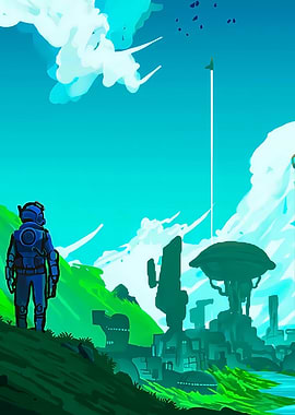 Astronaut overlooking alien landscape