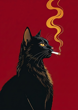 Smoking Black Cat Vintage Art - Retro Red and Gold Pop Art