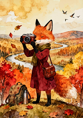 Fox taking photos in autumn landscape