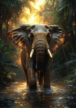 Elephant walking through a jungle stream