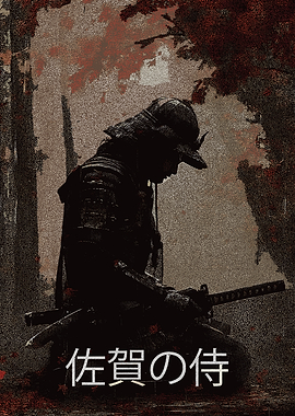 Samurai in Forest with Japanese Text