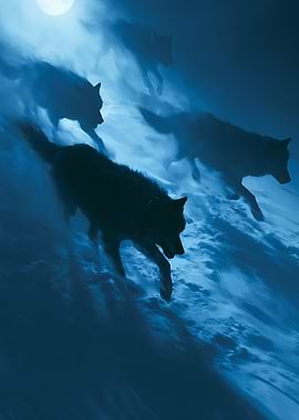 Wolves running under the moon