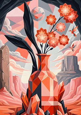Geometric Desert Landscape with Flowers