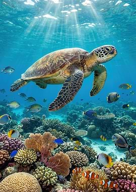 Sea Turtle Swimming Over Coral Reef