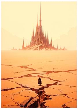 Lone figure before a fantasy castle