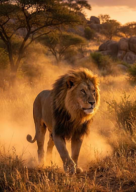 Majestic Lion in Golden Hour Dust