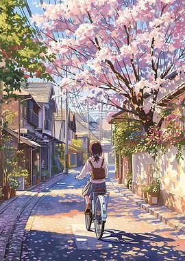Girl biking under cherry blossoms