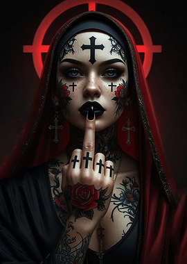Gothic Nun with Tattoos and Crosses