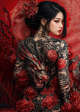 Tattooed Woman with Dragon and Flowers
