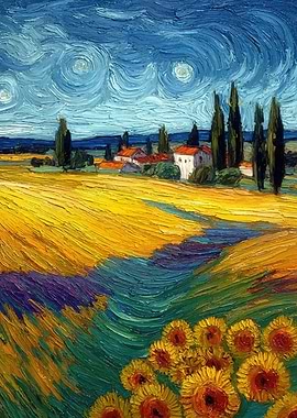 Van Gogh Style Landscape with Sunflowers