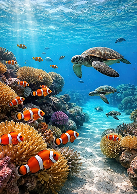 Underwater Coral Reef with Sea Turtles and Clownfish