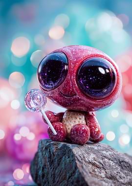 Cute Pink Alien Holding Lollipop