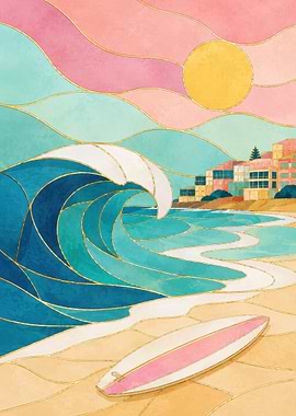Surfing Wave and Beach Town