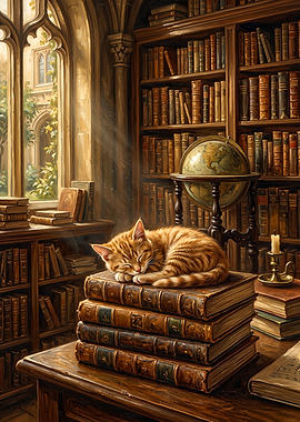 Sleeping Ginger Cat on Antique Books in Old Library