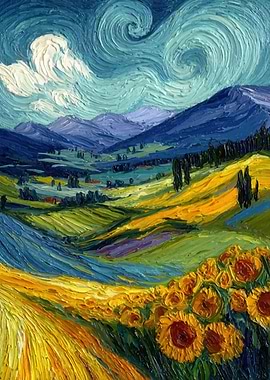 Van Gogh Style Landscape with Sunflowers