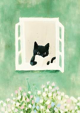 Black Cat Reading by the Window