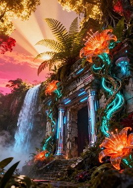 Enchanted Jungle Ruins with Neon Flora