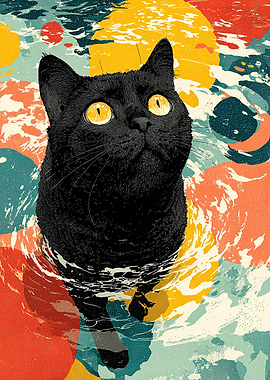 Black Cat in Abstract Water