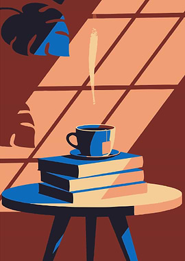 Minimalist Coffee Reading Corner Poster – Cozy Books & Espresso Retro Wall Art