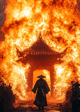 Warrior in front of a burning temple gate