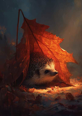 Hedgehog Hiding Under Autumn Leaf