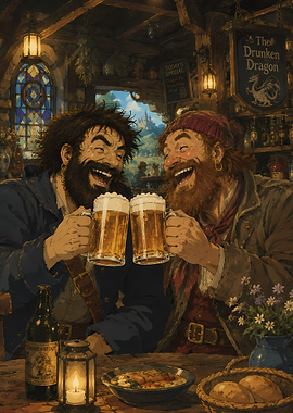 Two Pirates Toasting Beer in a Tavern