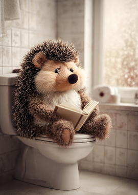 Hedgehog reading on a toilet