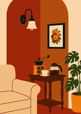Cozy Coffee Corner Interior Poster – Warm Minimalist Retro Café Wall Art