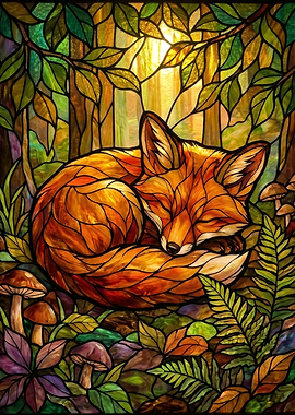Sleeping Fox in Stained Glass Forest