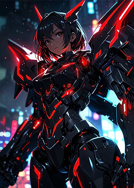 Anime Mecha Girl with Red Accents