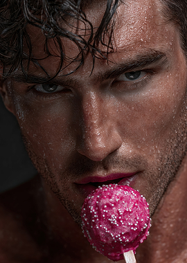Handsome Man Biting Pink Cake Pop