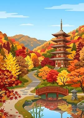 Autumn Pagoda Garden Scene