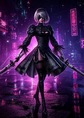 2B in a Cyberpunk City