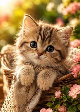 Adorable Kitten in a Wicker Basket