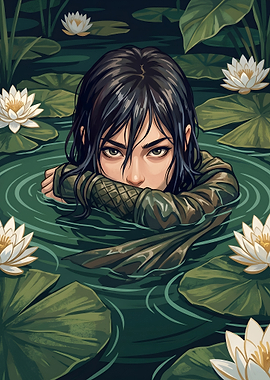 The Silent Watcher Amidst Lilies