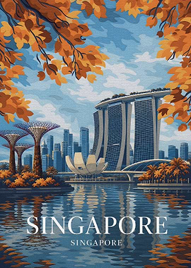 Singapore Skyline with Autumn Leaves
