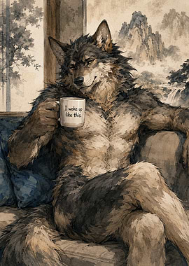 Wolf man with coffee mug
