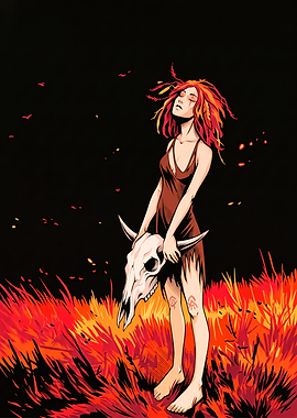 Woman with animal skull in fiery grass