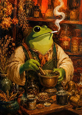 Frog Alchemist Smoking and Grinding Herbs