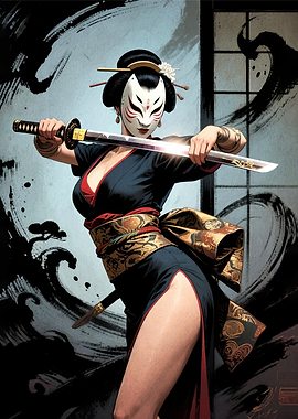 Geisha Warrior with Katana and Mask