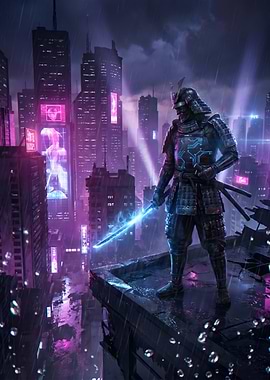 Cyberpunk Samurai in Rainy City