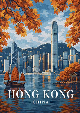 Hong Kong Skyline with Junk Boat