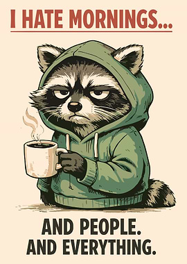 Grumpy Raccoon Coffee Poster Funny Cartoon Wall Art for Coffee Lovers