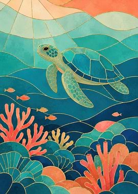 Sea Turtle Swimming Over Coral Reef