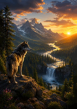 Wolf overlooking a mountain waterfall at sunset