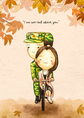 Couple on a bicycle with autumn leaves