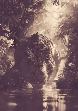 Dinosaur drinking water in jungle